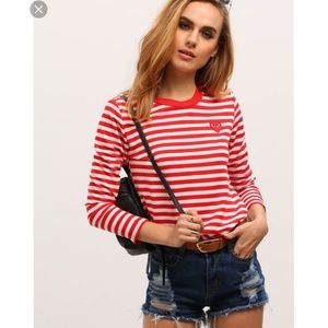 Shein Red Striped Long Sleeve Tee
